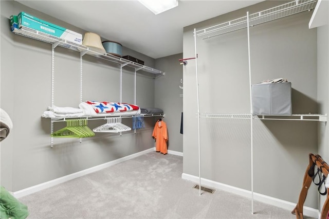 walk in closet with light colored carpet