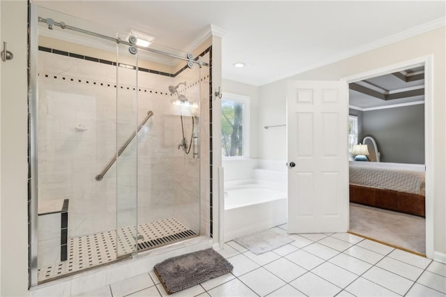 bathroom featuring shower with separate bathtub, tile patterned flooring, and ornamental molding