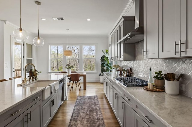 828 Chestnut Pl, Milton, GA 30004 - kitchen with wall chimney exhaust hood, gray cabinetry, a sink, backsplash, and recessed lighting