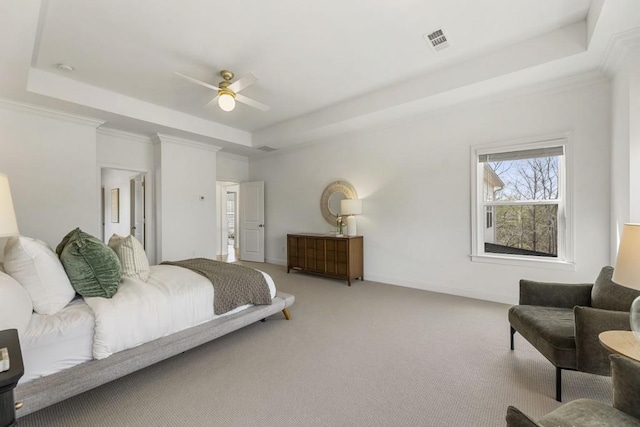 828 Chestnut Pl, Milton, GA 30004 - carpeted bedroom featuring a raised ceiling, baseboards, ornamental molding, and a ceiling fan