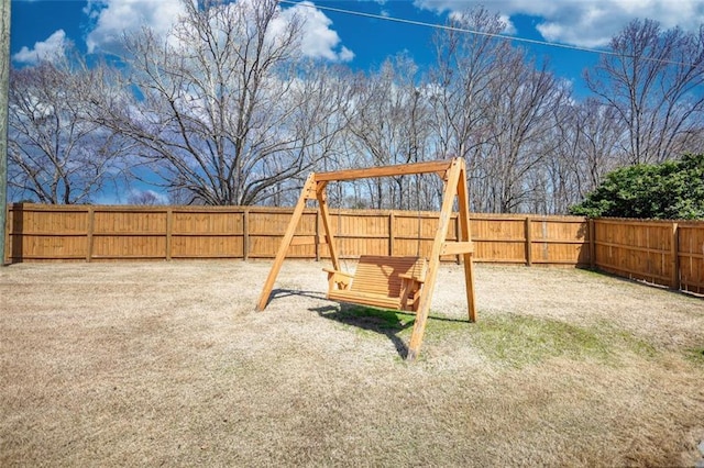 view of yard with a fenced backyard and a playground