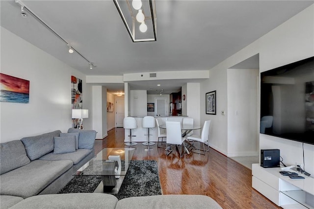 living room with hardwood / wood-style floors and track lighting