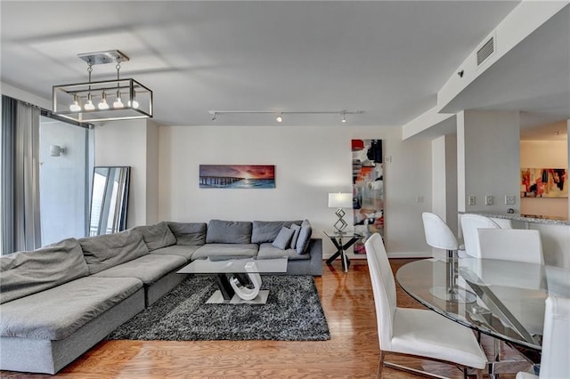 living room featuring light wood-type flooring and track lighting