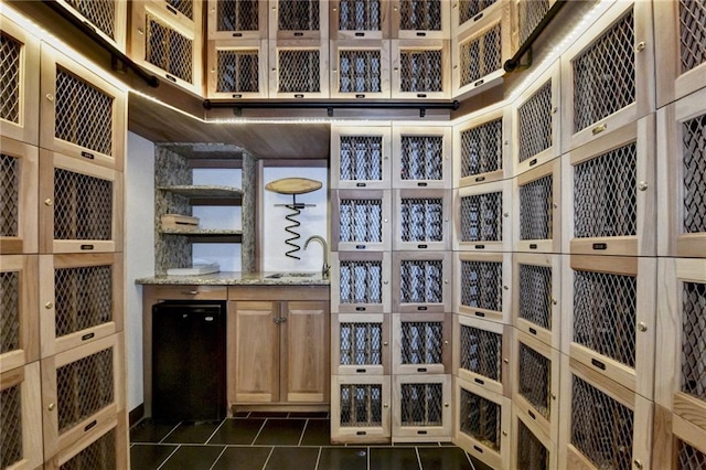 wine cellar featuring sink and dark tile patterned flooring