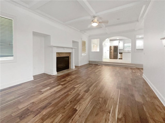 unfurnished living room with dark hardwood / wood-style floors, a premium fireplace, coffered ceiling, and beamed ceiling