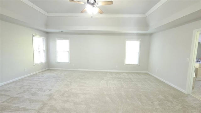 spare room featuring ornamental molding, light colored carpet, a raised ceiling, and ceiling fan