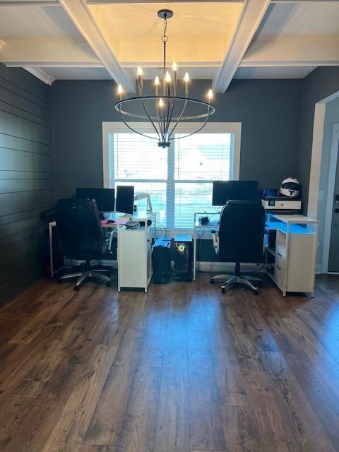 224 Crest Creek Way, Villa Rica, GA 30180 - office area with beamed ceiling, dark wood-type flooring, and a chandelier
