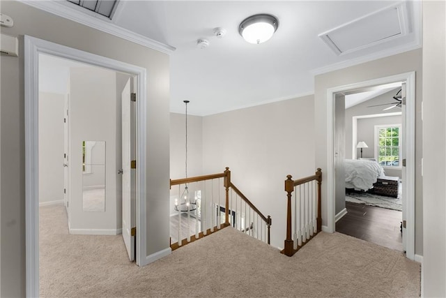 4816 Morning Chase NW, Acworth, GA 30102 - hall featuring an upstairs landing, carpet floors, and ornamental molding