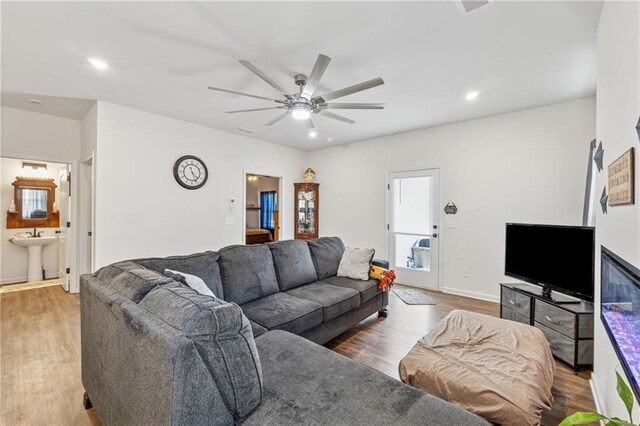 101 Marion Dr, Cartersville, GA 30120 - living area with a ceiling fan, wood finished floors, and recessed lighting
