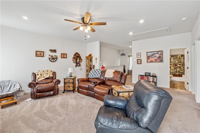101 Marion Dr, Cartersville, GA 30120 - living room with attic access, carpet, a ceiling fan, and recessed lighting