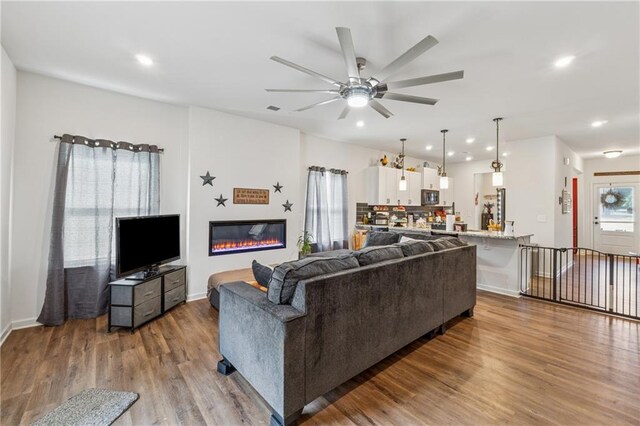 101 Marion Dr, Cartersville, GA 30120 - living area with wood finished floors, a ceiling fan, recessed lighting, and a glass covered fireplace