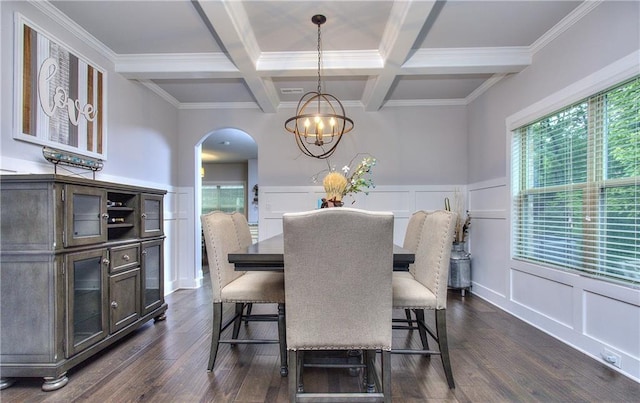 116 Chorley Run, Ellenwood, GA 30294 - dining room with a decorative wall, arched walkways, coffered ceiling, beam ceiling, and dark wood-style floors