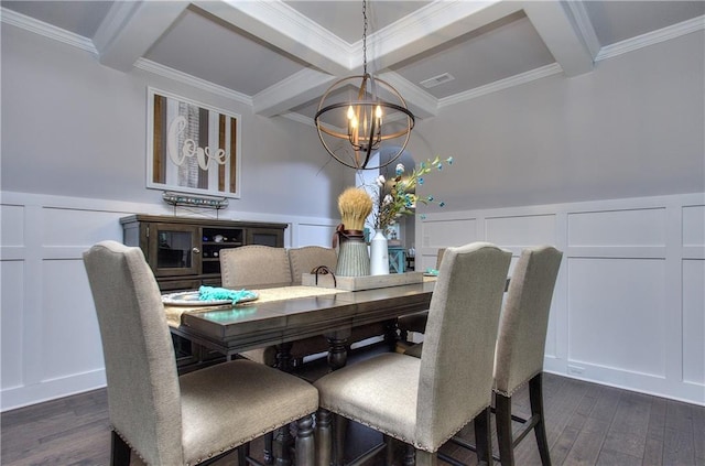 116 Chorley Run, Ellenwood, GA 30294 - dining room featuring a decorative wall, beam ceiling, a chandelier, ornamental molding, and dark wood-type flooring