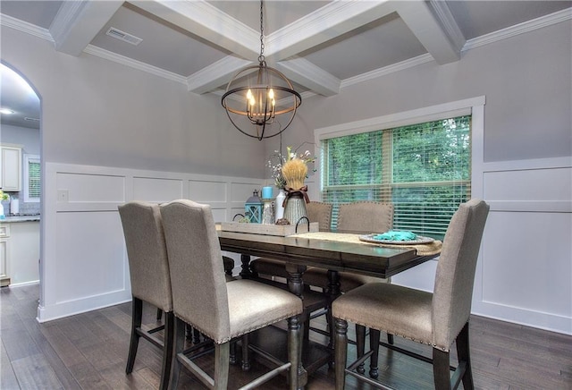116 Chorley Run, Ellenwood, GA 30294 - dining room with a decorative wall, coffered ceiling, beam ceiling, a chandelier, and dark wood-type flooring