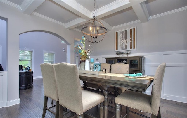 116 Chorley Run, Ellenwood, GA 30294 - dining space with arched walkways, coffered ceiling, a chandelier, beam ceiling, and wood finished floors