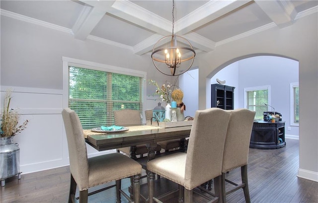 116 Chorley Run, Ellenwood, GA 30294 - dining space with arched walkways, coffered ceiling, beam ceiling, wood finished floors, and a chandelier