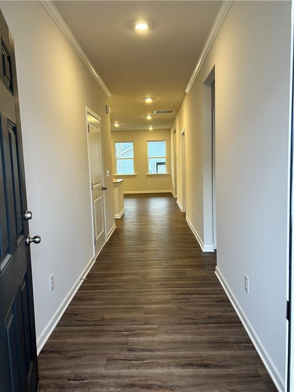 hallway featuring ornamental molding and dark wood-type flooring