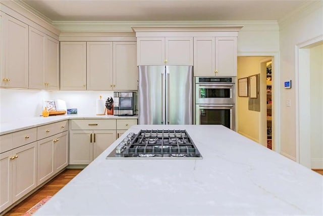 kitchen with appliances with stainless steel finishes, wood finished floors, and ornamental molding