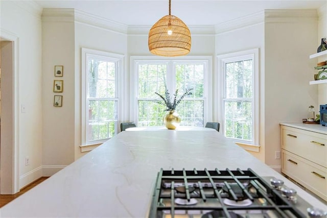dining space featuring a healthy amount of sunlight, wood finished floors, baseboards, and ornamental molding