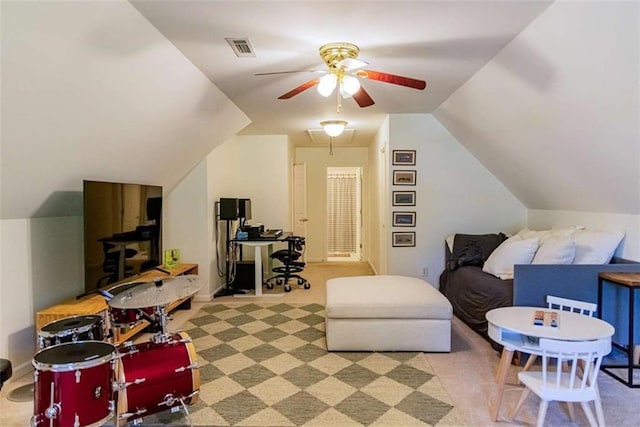 additional living space featuring visible vents, a ceiling fan, carpet flooring, and vaulted ceiling
