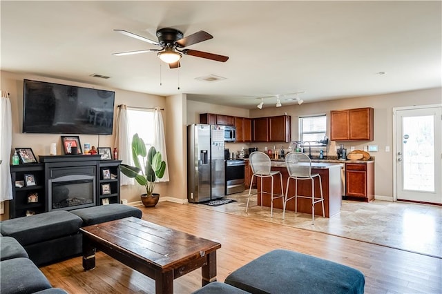 1574 Leonard St, Hampton, GA 30228 - living area featuring light wood-type flooring, a ceiling fan, and a glass covered fireplace