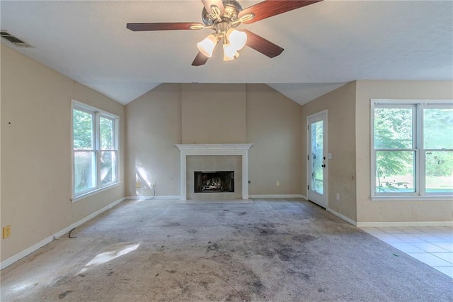 1615 Burnt Oak Way, Dacula, GA 30019 - unfurnished living room featuring lofted ceiling, carpet, a high end fireplace, and a ceiling fan