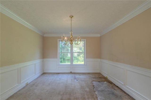 1615 Burnt Oak Way, Dacula, GA 30019 - unfurnished dining area with a chandelier, a wainscoted wall, ornamental molding, carpet flooring, and a textured ceiling