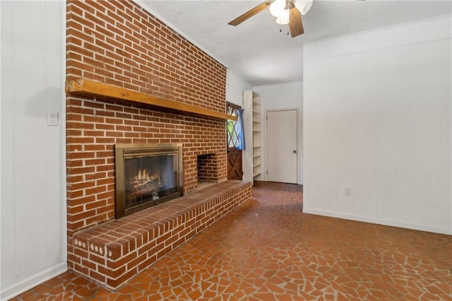 128 Mountain View Dr, Gainesville, GA 30501 - unfurnished living room featuring baseboards, ceiling fan, and a brick fireplace