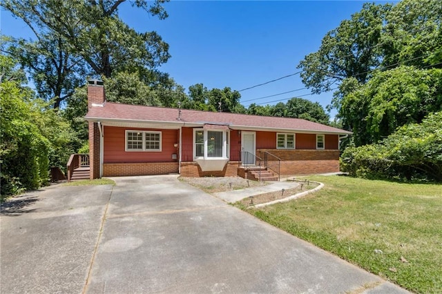 128 Mountain View Dr, Gainesville, GA 30501 - single story home featuring a chimney, driveway, a front lawn, and brick siding