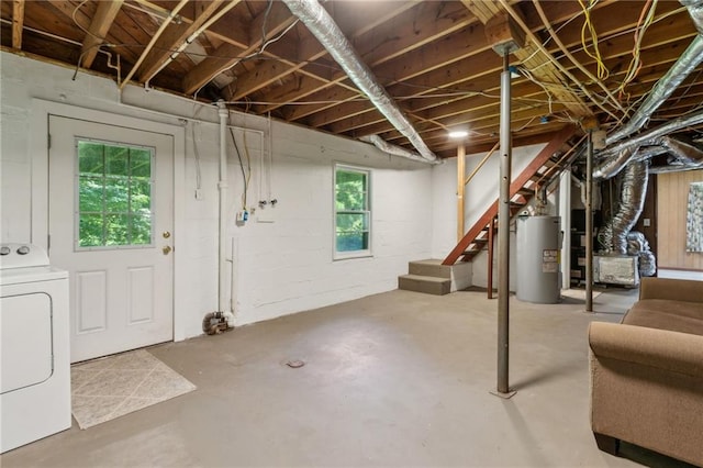 128 Mountain View Dr, Gainesville, GA 30501 - basement featuring washer / dryer, electric water heater, and stairway