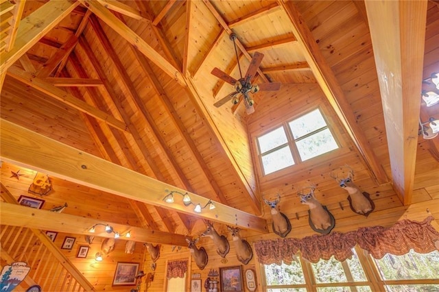 interior details featuring beamed ceiling, wooden ceiling, and track lighting