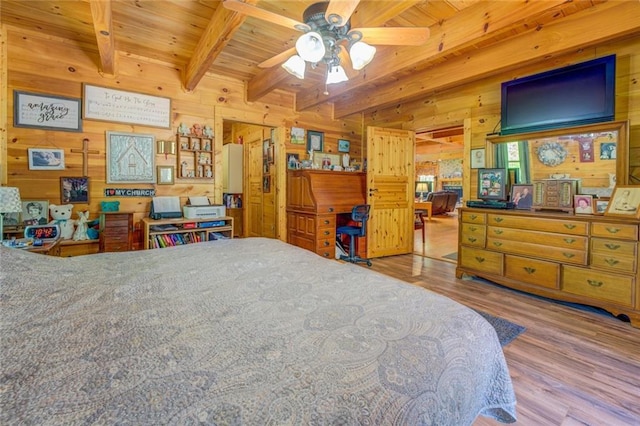 bedroom with wooden walls, hardwood / wood-style flooring, ceiling fan, beam ceiling, and wood ceiling