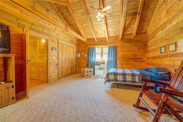 bedroom featuring ceiling fan, wooden ceiling, light carpet, vaulted ceiling with beams, and wooden walls