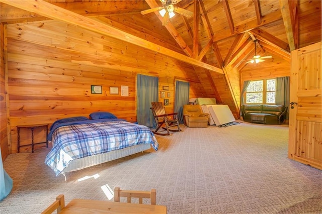 bedroom featuring vaulted ceiling with beams, ceiling fan, wood walls, and carpet floors