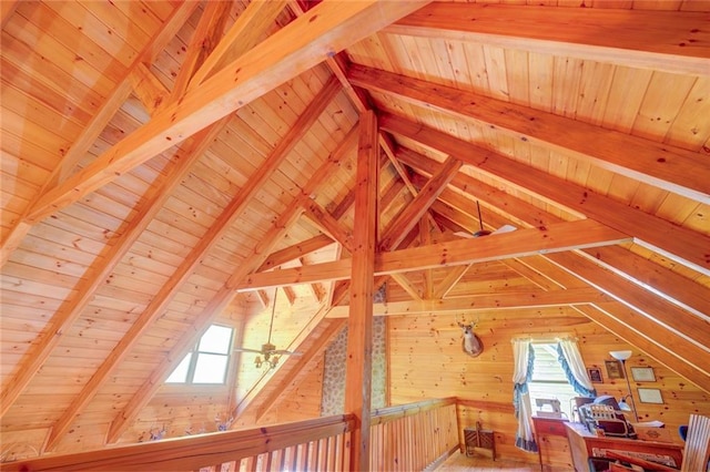 bonus room with vaulted ceiling with beams, a wealth of natural light, and wood ceiling