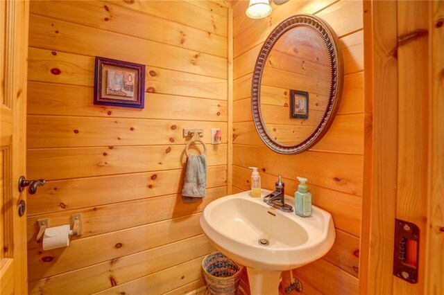 bathroom with wood walls and sink