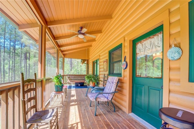 sunroom featuring wood ceiling, ceiling fan, and lofted ceiling with beams