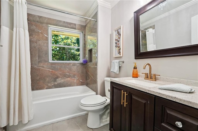 1192 Eastridge Rd SW, Atlanta, GA 30311 - full bathroom with tile patterned flooring, ornamental molding, vanity, toilet, and shower / bath combo