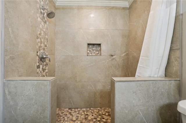1192 Eastridge Rd SW, Atlanta, GA 30311 - bathroom with crown molding, a tile shower, and toilet