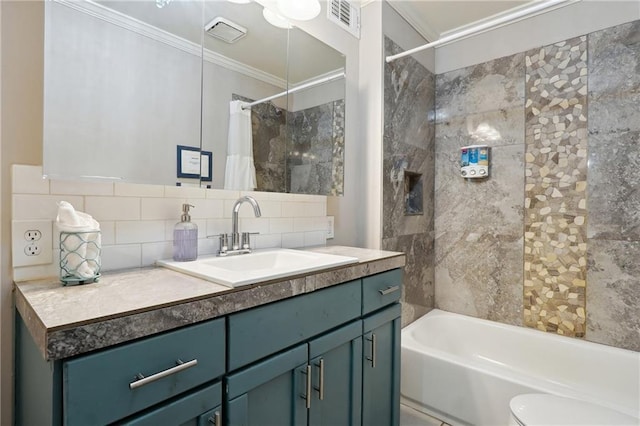 1192 Eastridge Rd SW, Atlanta, GA 30311 - full bathroom featuring tasteful backsplash, shower / tub combo with curtain, vanity, and crown molding