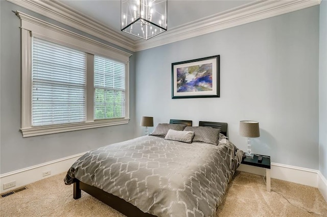 bedroom featuring a notable chandelier, ornamental molding, and light carpet