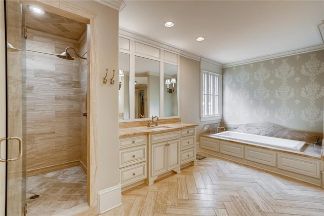 bathroom featuring ornamental molding, parquet flooring, separate shower and tub, and vanity