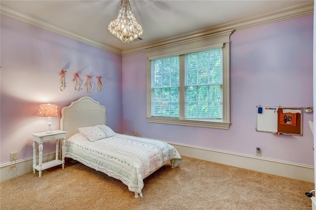 carpeted bedroom with a notable chandelier and crown molding