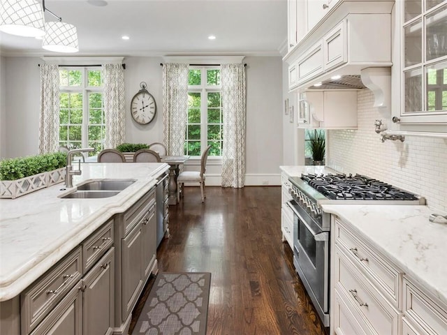 kitchen with dark hardwood / wood-style floors, a healthy amount of sunlight, white cabinets, and appliances with stainless steel finishes