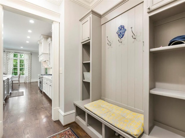 mudroom featuring crown molding, dark hardwood / wood-style flooring, and built in shelves