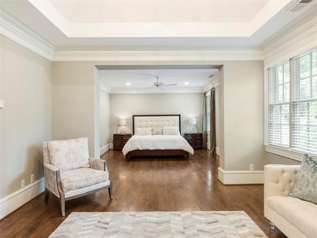 bedroom featuring multiple windows, ornamental molding, and dark hardwood / wood-style floors