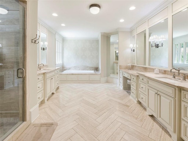 bathroom featuring parquet flooring, ornamental molding, plus walk in shower, and vanity