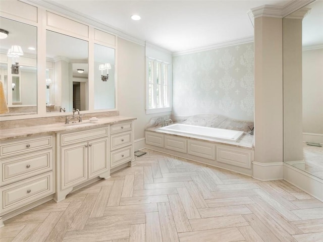 bathroom with parquet floors, a bath, vanity, and crown molding