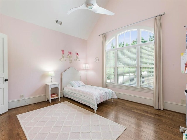 bedroom featuring vaulted ceiling, ceiling fan, and hardwood / wood-style flooring