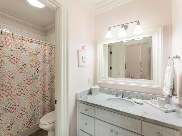 bathroom with crown molding, toilet, and large vanity